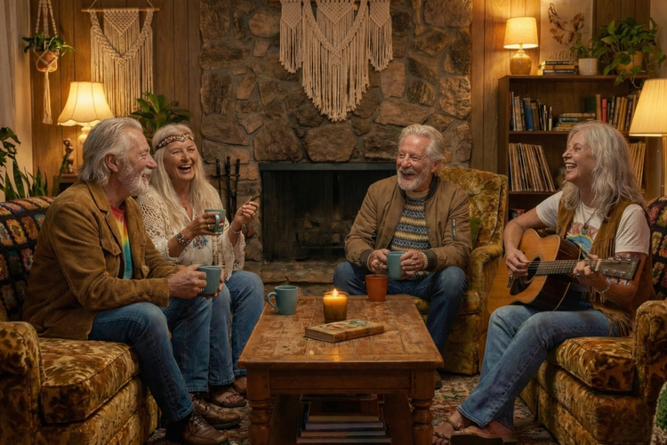 Friends laughing together in a cozy retro living room